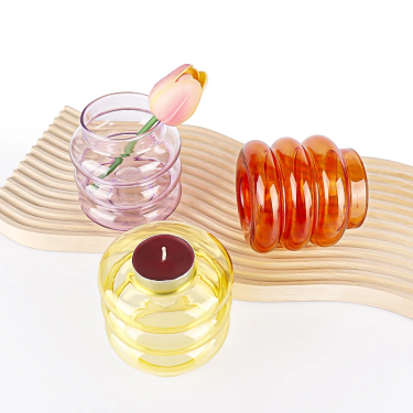 Hand blown high borosilicate glass customized colored candle holder funny donut shape glass candlesticks