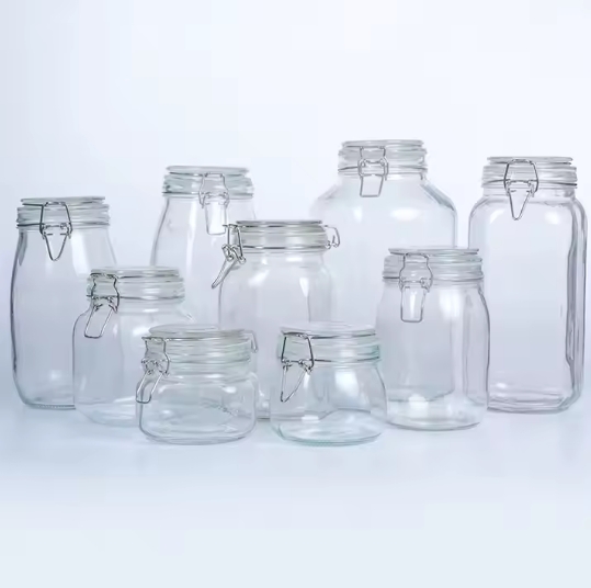 Top Selling 150ml 500ml 750ml 1000ml Kitchen Food Storage Glass Jars With Metal Lid Airtight Clip Top