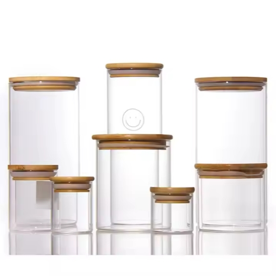 Factory Storage Bottles Jars Food Storage Container With Airtight Bamboo Lid Borosilicale Clear Glass Jar