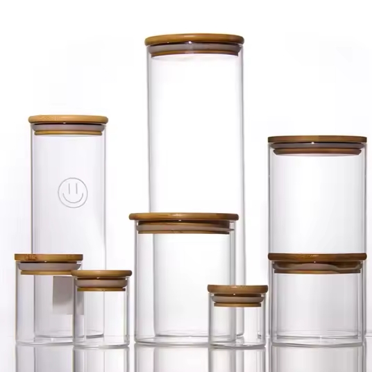 Factory Storage Bottles Jars Food Storage Container With Airtight Bamboo Lid Borosilicale Clear Glass Jar