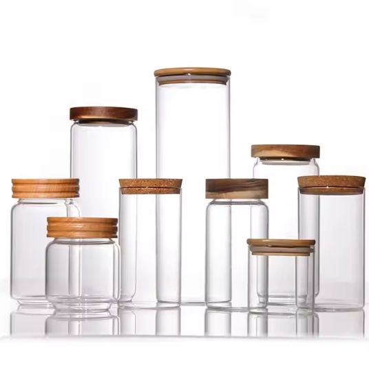 Factory Storage Bottles Jars Food Storage Container With Airtight Bamboo Lid Borosilicale Clear Glass Jar